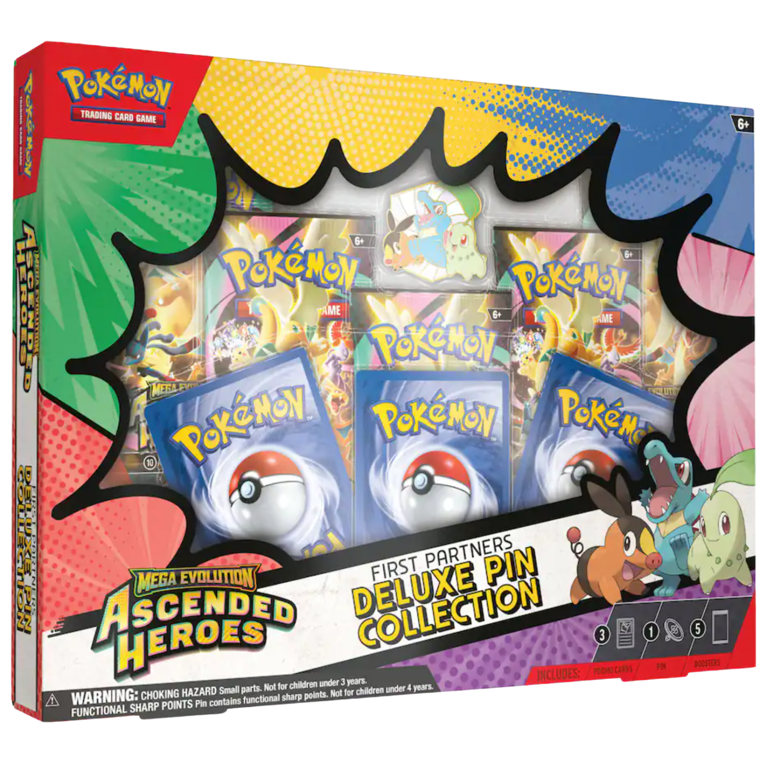 Pokémon trading card game box with cards and pins on a colorful background