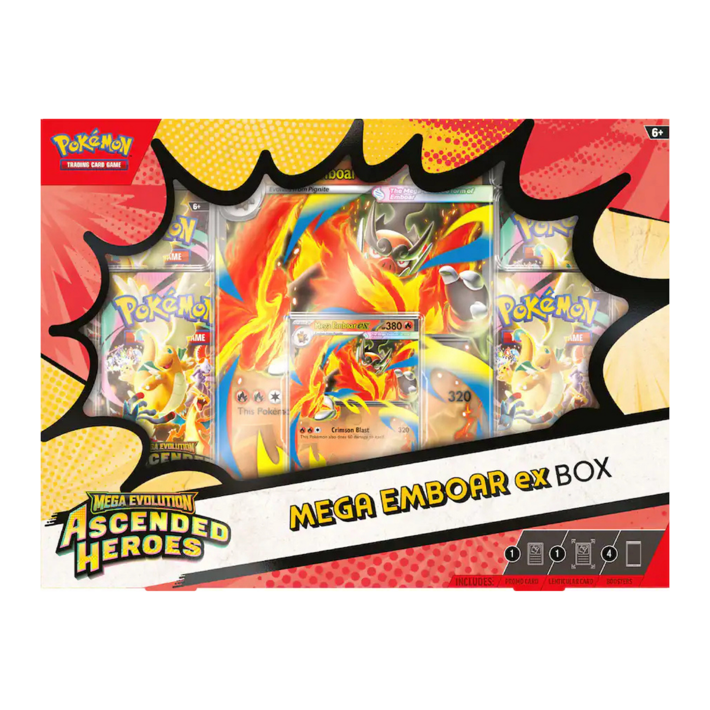 Pokémon trading card game box featuring Mega Emboar ex with colorful design