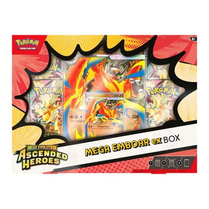 Pokémon trading card game box featuring Mega Emboar ex with colorful design
