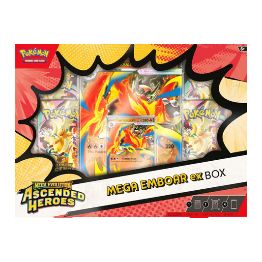 Pokémon trading card game box featuring Mega Emboar ex with colorful design