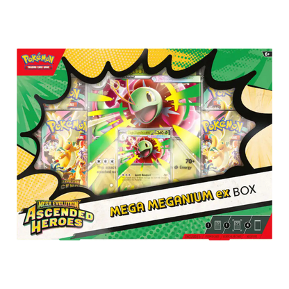 Pokémon trading card game Mega Meganium ex box packaging with colorful graphics and text.