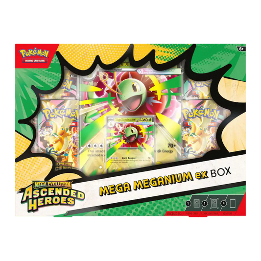 Pokémon trading card game Mega Meganium ex box packaging with colorful graphics and text.
