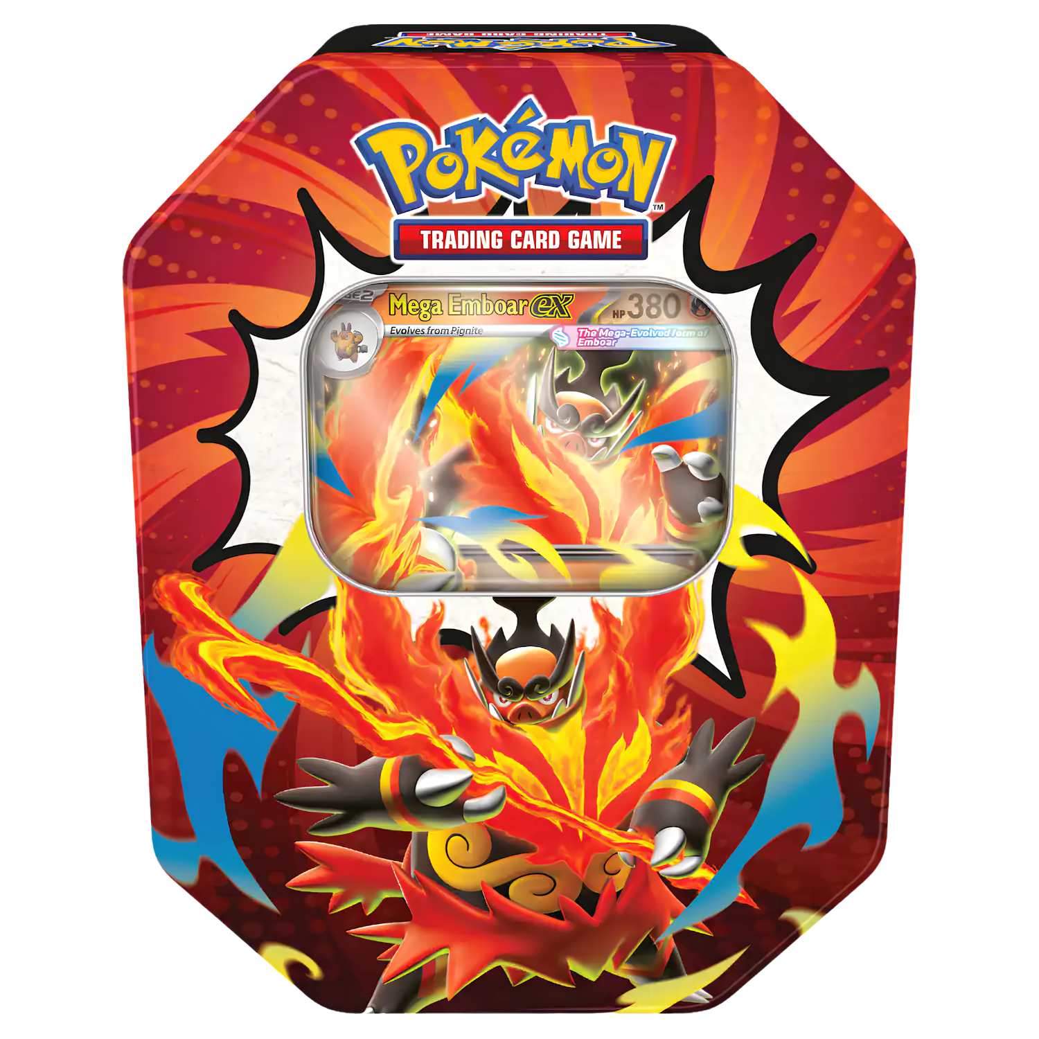 Pokémon Trading Card Game Mega Firendx 100-card metal tin box featuring a large illustration of Mega Firendx on the front with a clear display window showing a card inside.