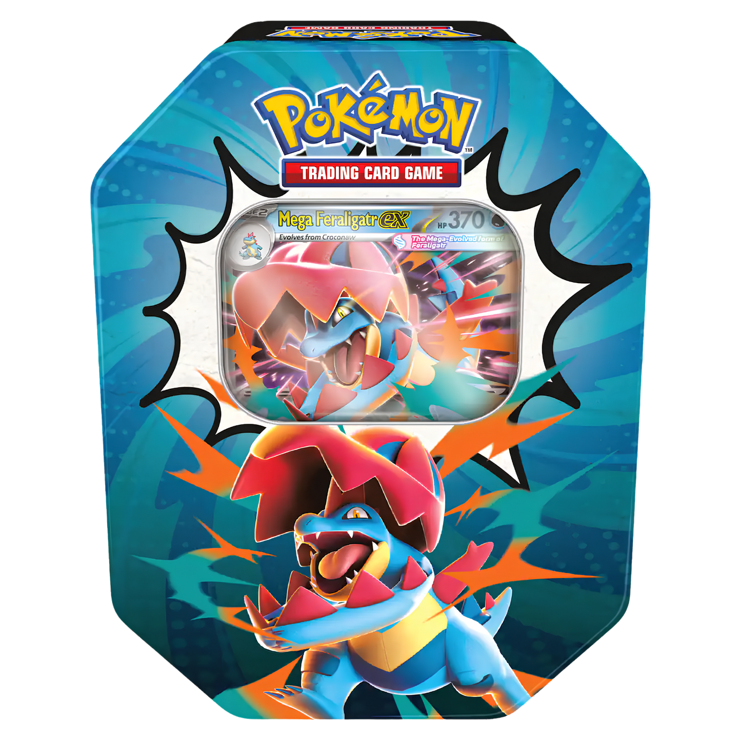 Pokémon Trading Card Game Mega Firejank GX collectible card tin featuring artwork of Mega Firejank on the front, with a clear window showing the card inside.