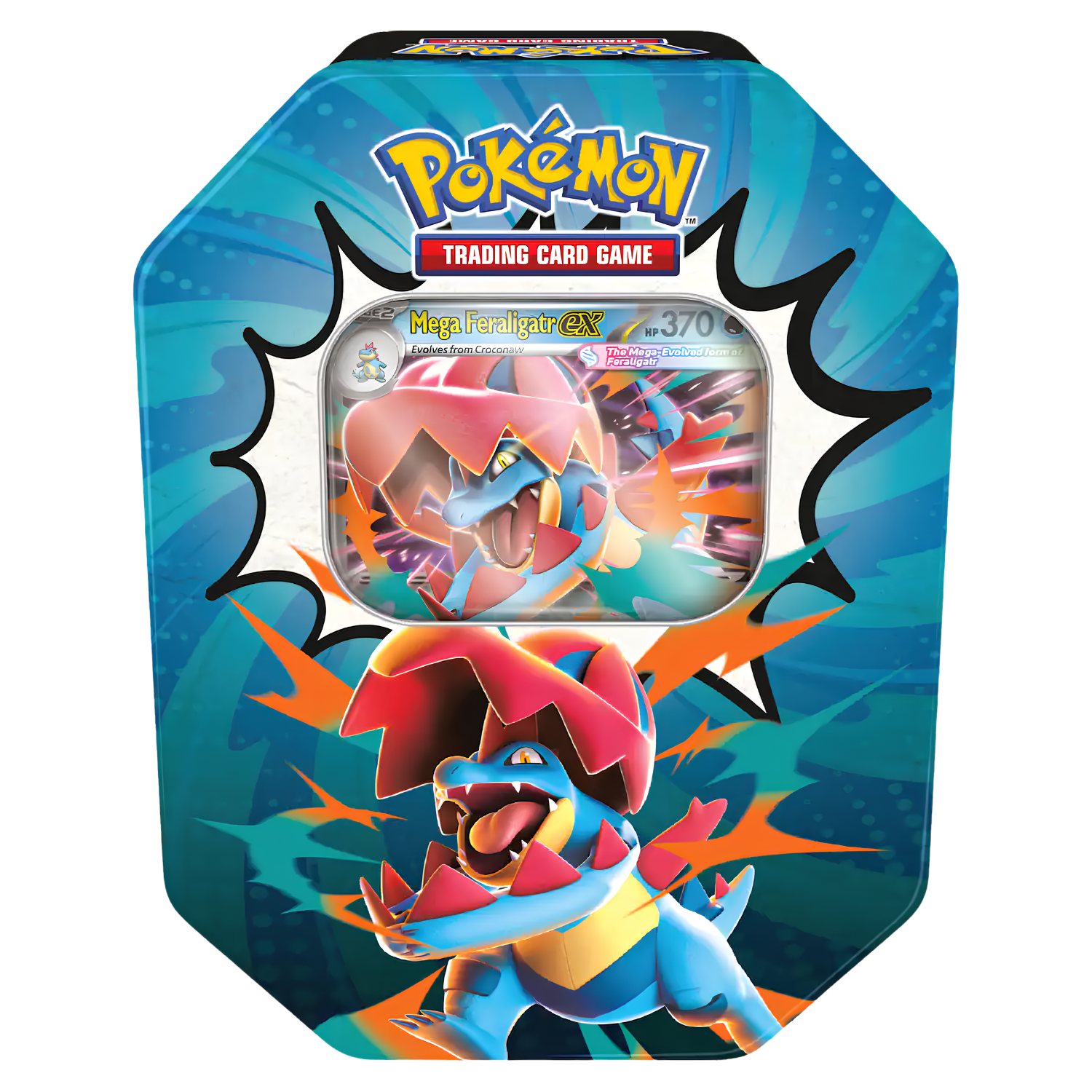 Pokémon Trading Card Game Mega Firejank GX collectible card tin featuring artwork of Mega Firejank on the front, with a clear window showing the card inside.
