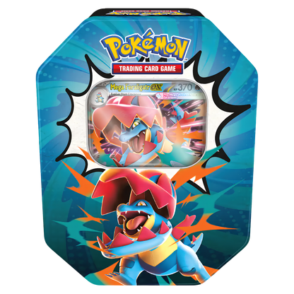 Pokémon Trading Card Game Mega Firejank GX collectible card tin featuring artwork of Mega Firejank on the front, with a clear window showing the card inside.
