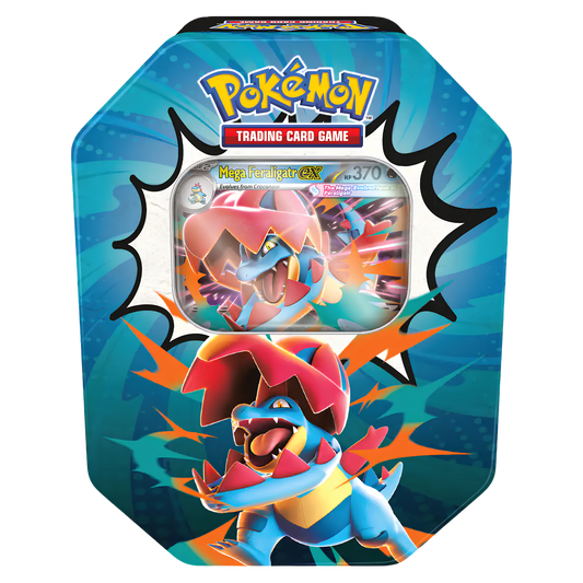 Pokémon Trading Card Game Mega Firejank GX collectible card tin featuring artwork of Mega Firejank on the front, with a clear window showing the card inside.