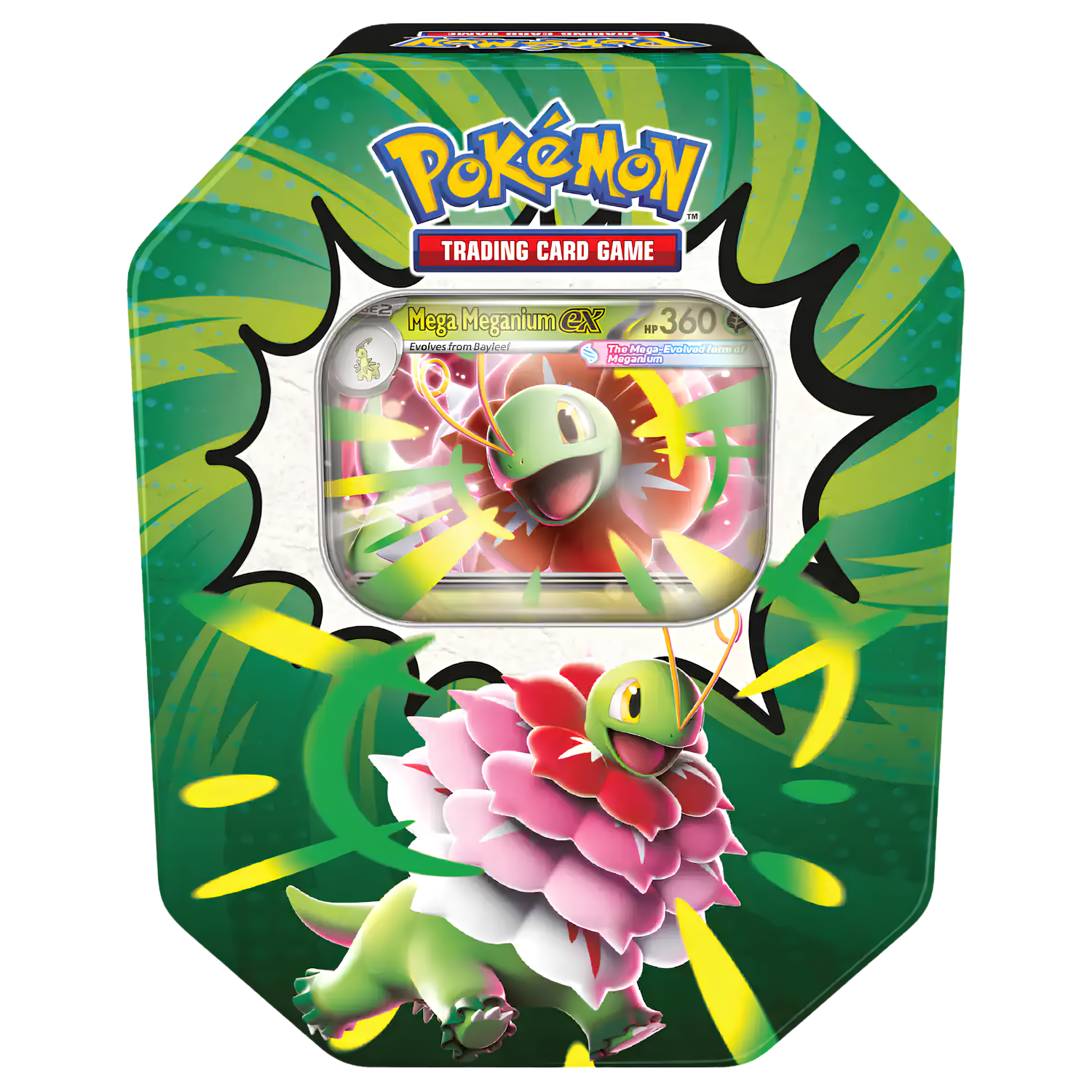 Pokémon Trading Card Game Mega Bubbler EX card tin featuring a green and yellow patterned design with a character illustration and a clear window showing a card inside.