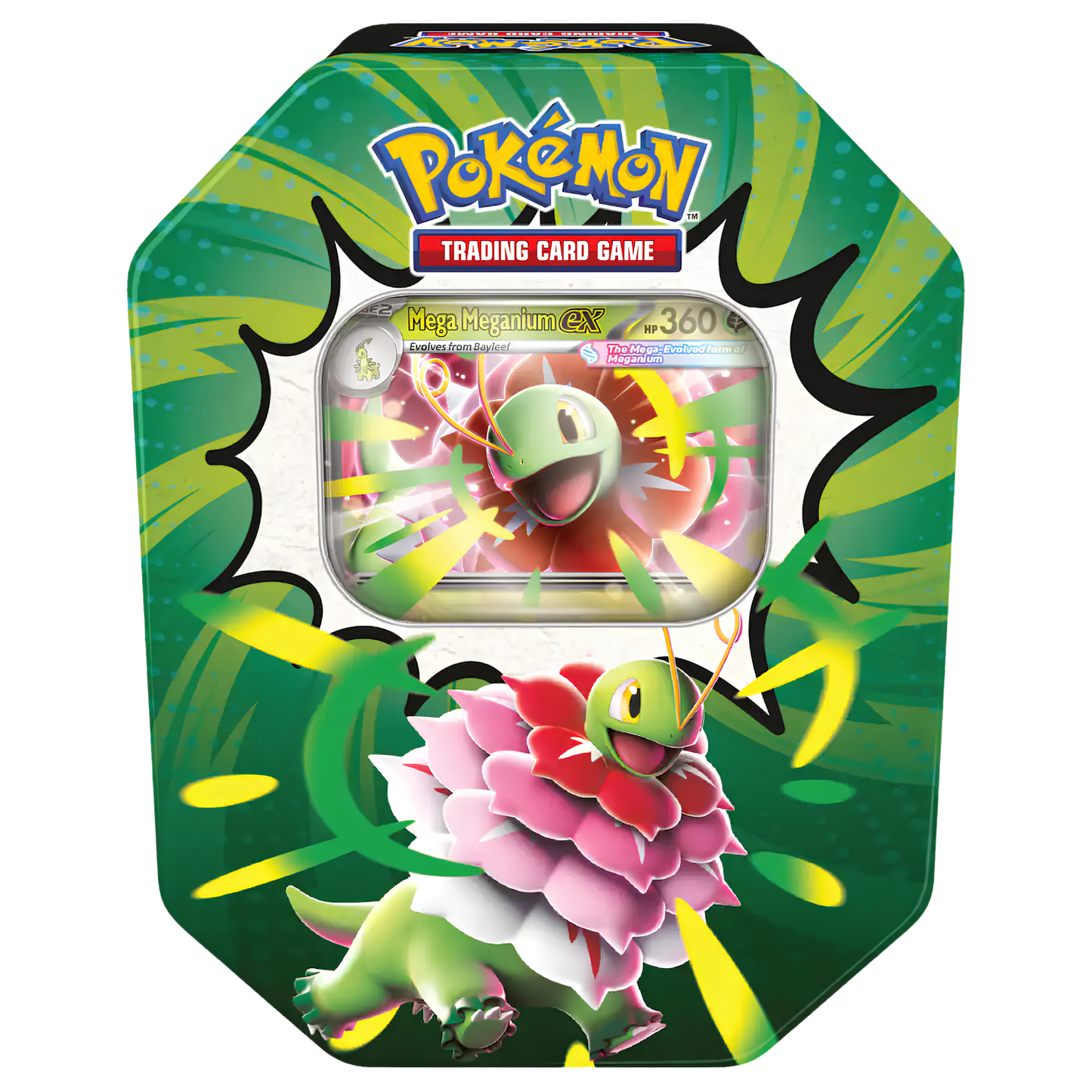 Pokémon Trading Card Game Mega Bubbler EX card tin featuring a green and yellow patterned design with a character illustration and a clear window showing a card inside.