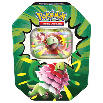 Pokémon Trading Card Game Mega Bubbler EX card tin featuring a green and yellow patterned design with a character illustration and a clear window showing a card inside.