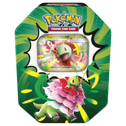 Pokémon Trading Card Game Mega Bubbler EX card tin featuring a green and yellow patterned design with a character illustration and a clear window showing a card inside.