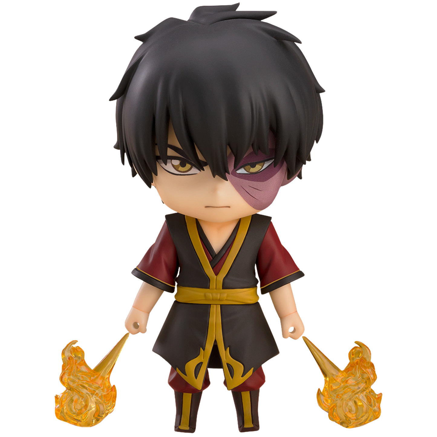 Anime character figurine with black hair and red outfit holding flames on a white background