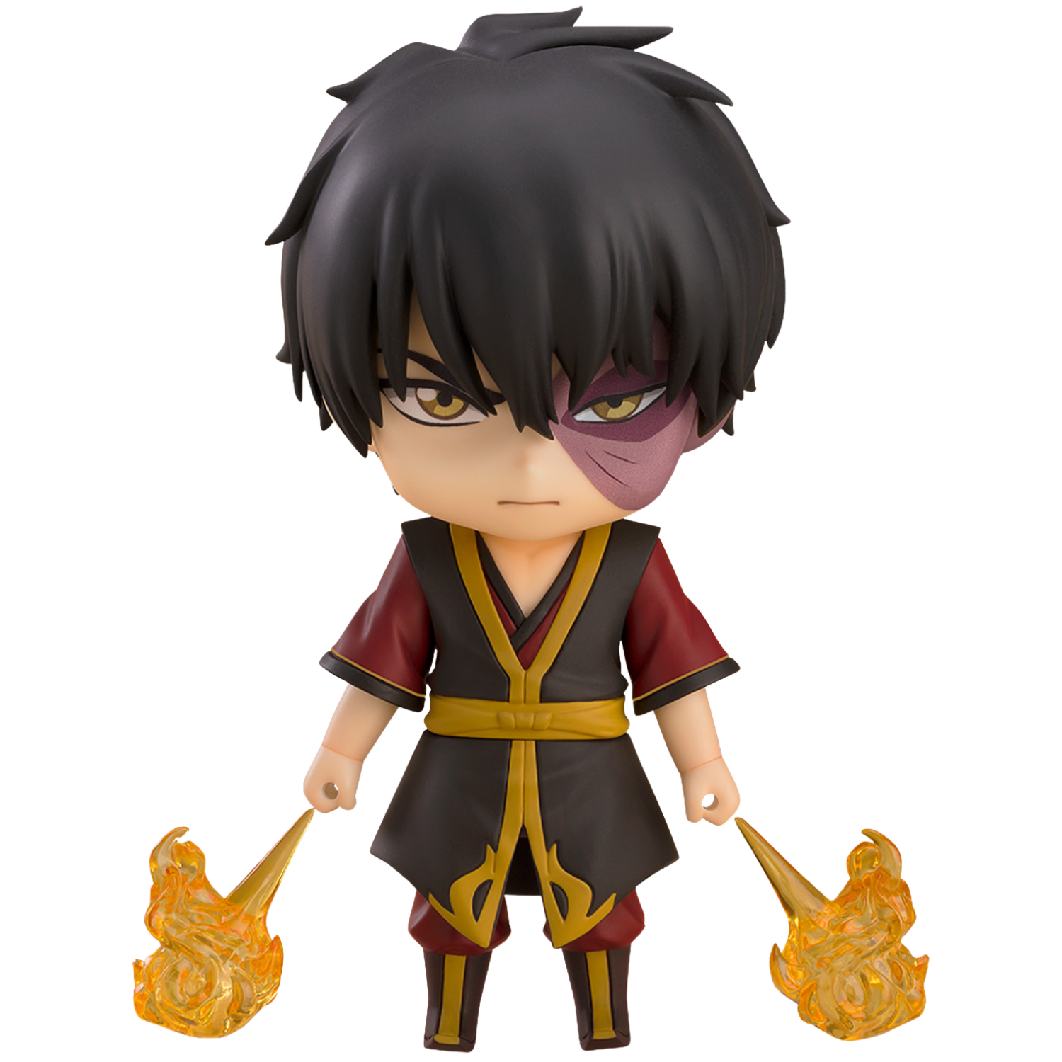 Anime character figurine with black hair and red outfit holding flames on a white background