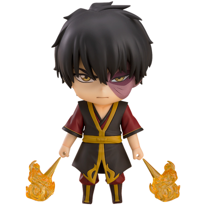 Anime character figurine with black hair and red outfit holding flames on a white background