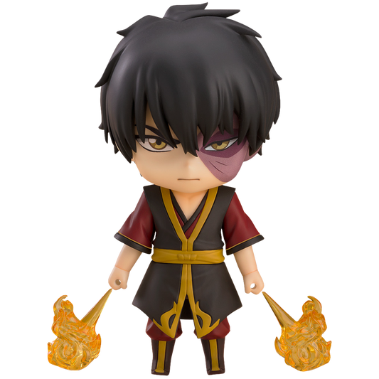 Anime character figurine with black hair and red outfit holding flames on a white background