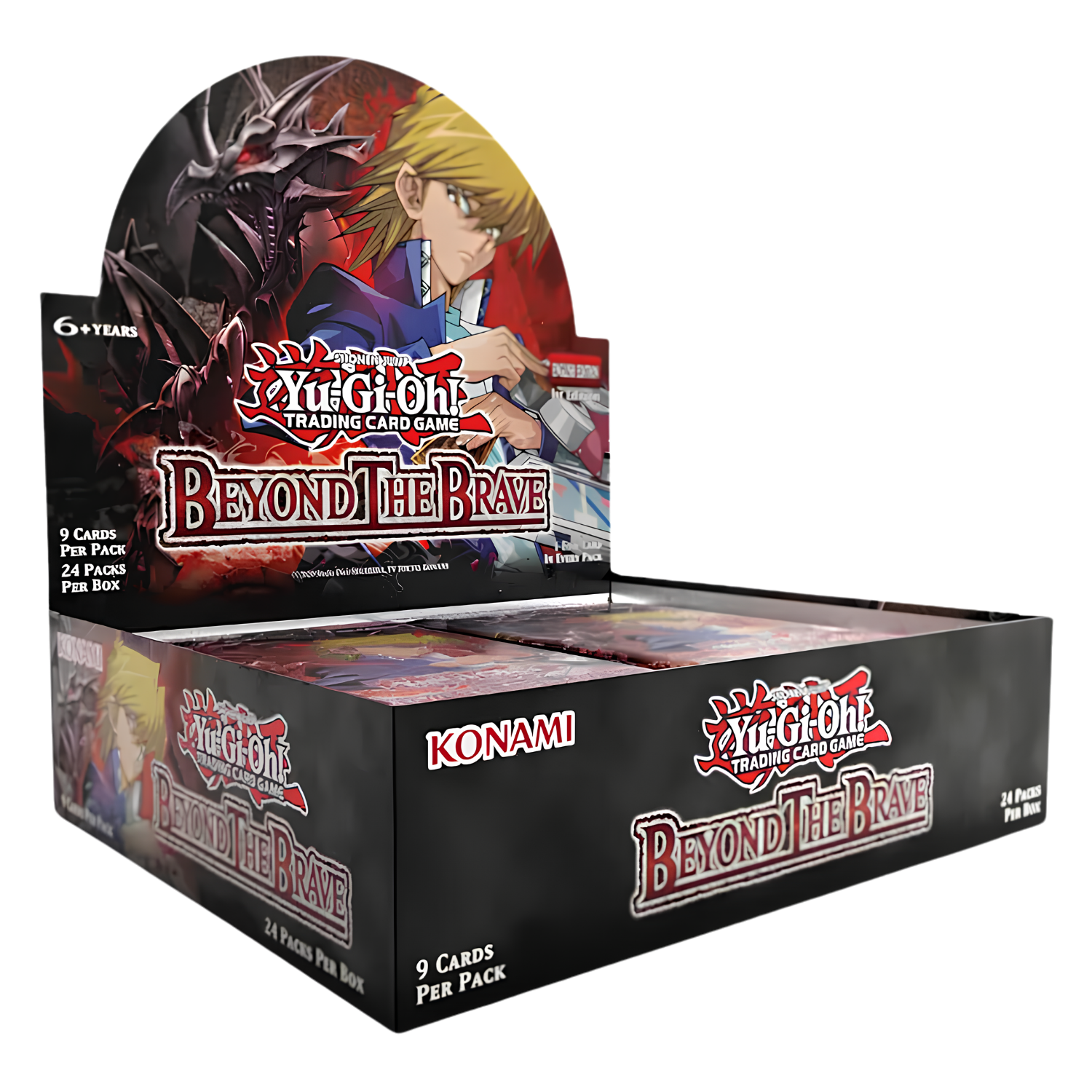 Yu-Gi-Oh! Trading Card Game Beyond the Brave 2025 booster box display with multiple sealed packs inside, shown on a plain white background.