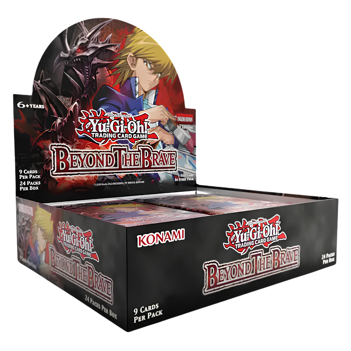Yu-Gi-Oh! Trading Card Game Beyond the Brave 2025 booster box display with multiple sealed packs inside, shown on a plain white background.