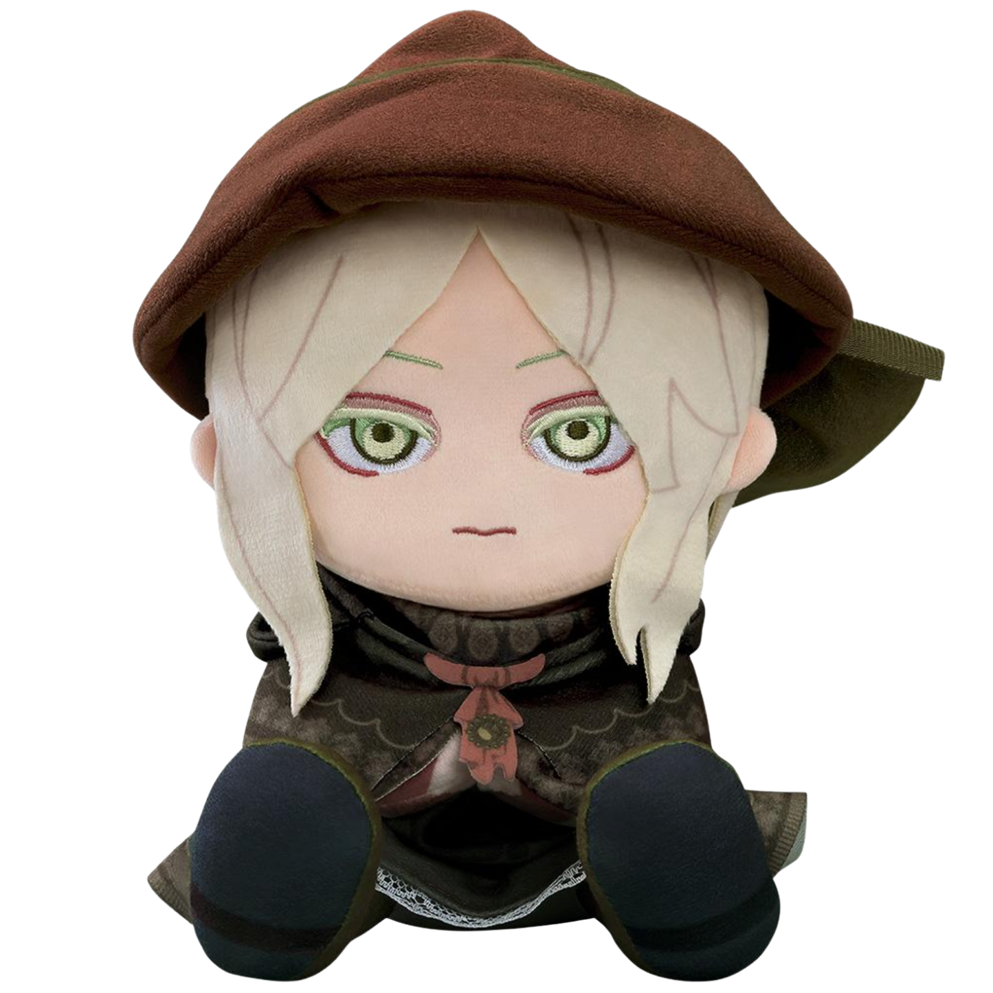 Plush toy of an animated character with a brown hat and green eyes on a white background