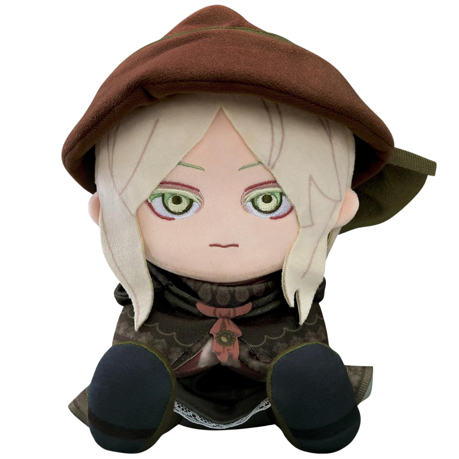 Plush toy of an animated character with a brown hat and green eyes on a white background