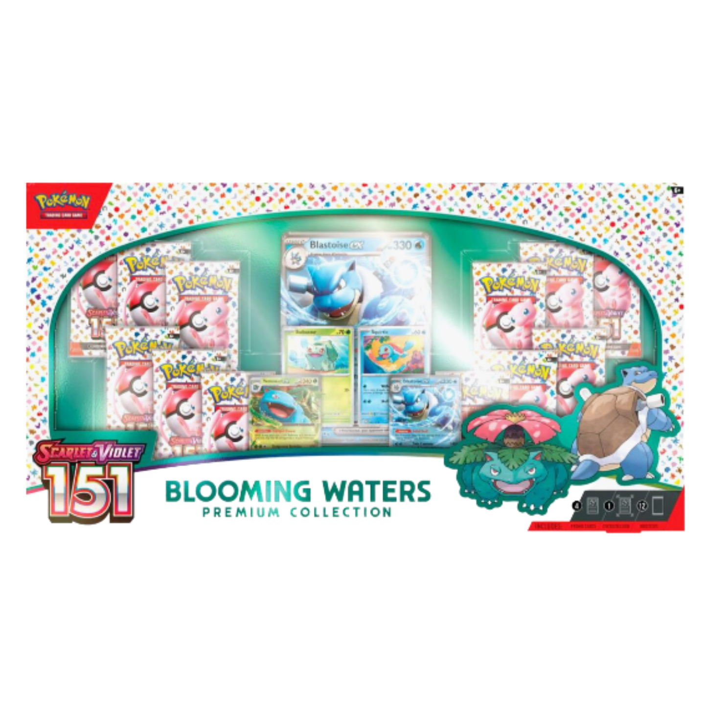 Pokémon trading card game packaging with 'Blooming Waters' theme on a white background
