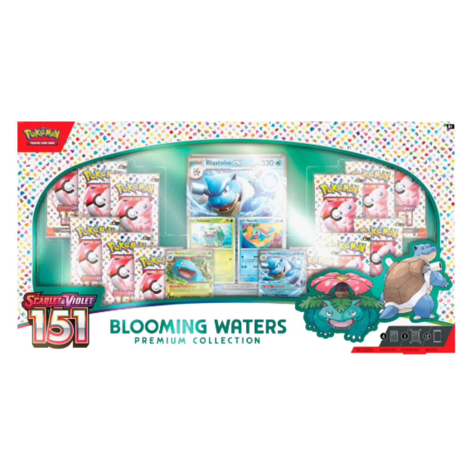 Pokémon trading card game packaging with 'Blooming Waters' theme on a white background