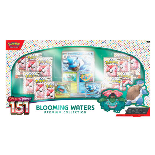 Pokémon trading card game packaging with 'Blooming Waters' theme on a white background