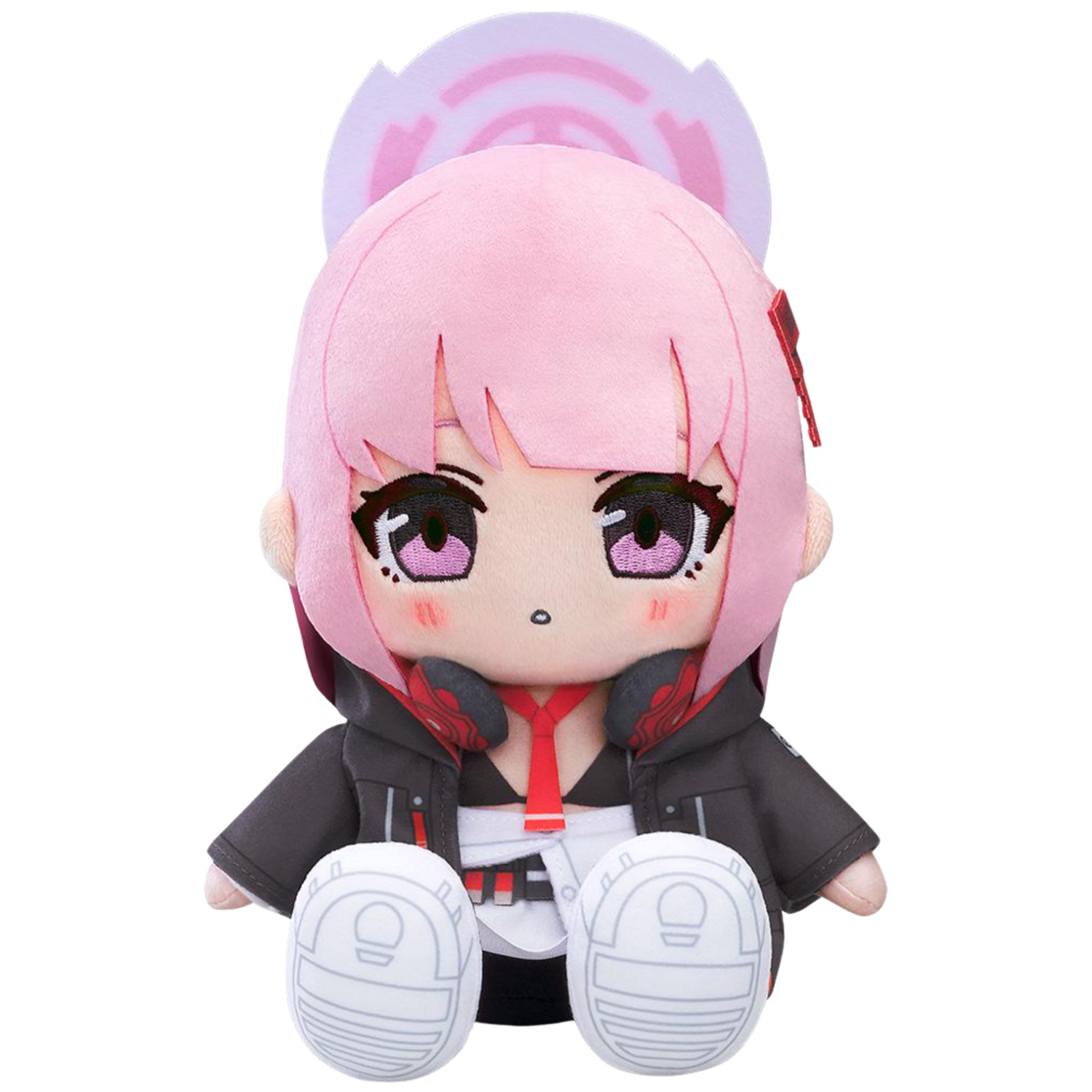 Plush toy of an anime character with pink hair and a black outfit on a white background