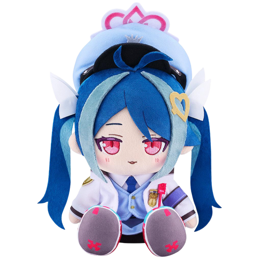 Plush toy of an anime character with blue hair and a white outfit on a white background