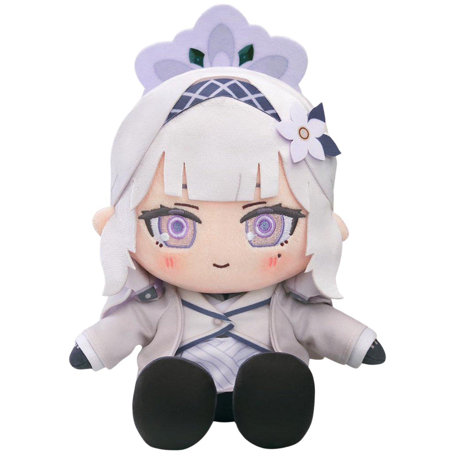 Plush toy of an anime character with white hair and purple eyes on a white background