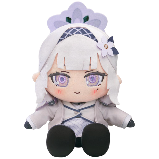 Plush toy of an anime character with white hair and purple eyes on a white background