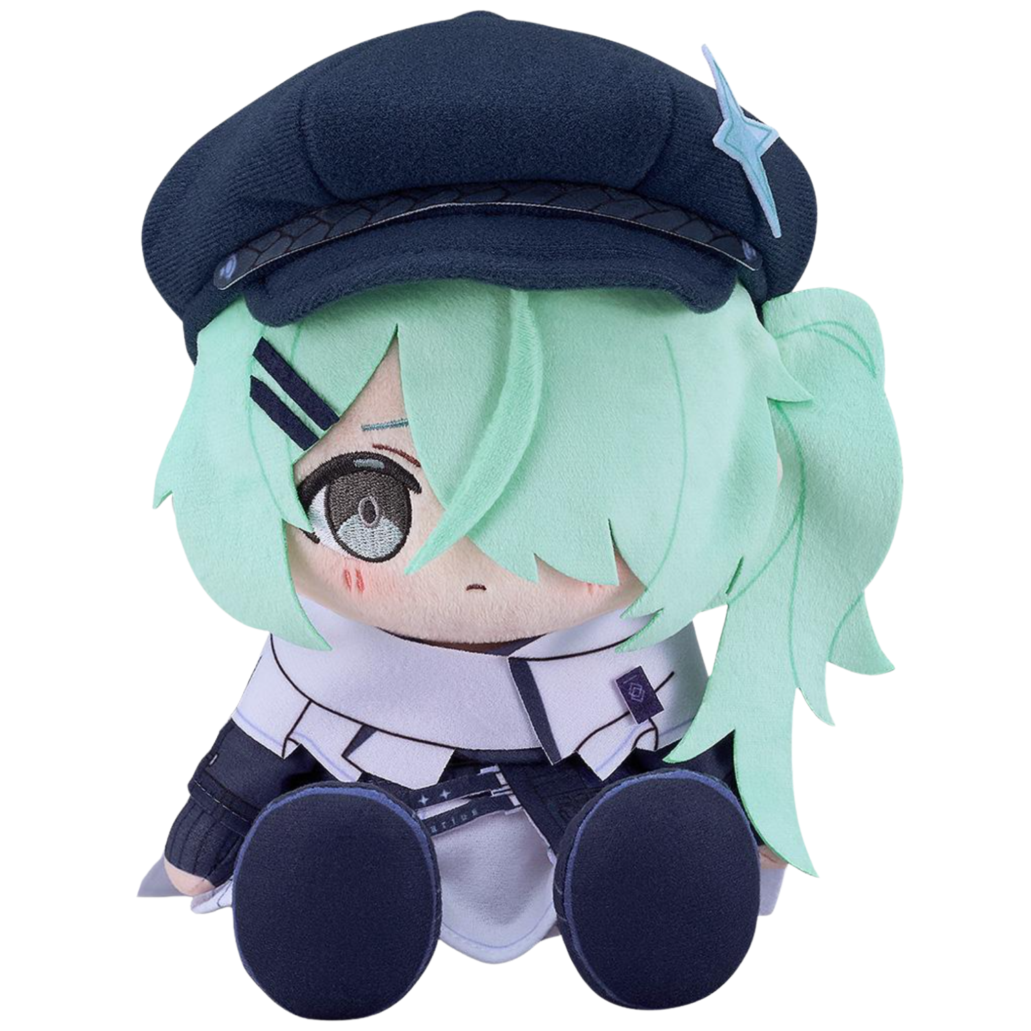 Plush toy of an anime character with green hair and a navy cap on a white background
