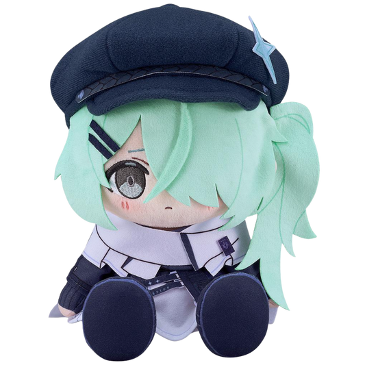 Plush toy of an anime character with green hair and a navy cap on a white background