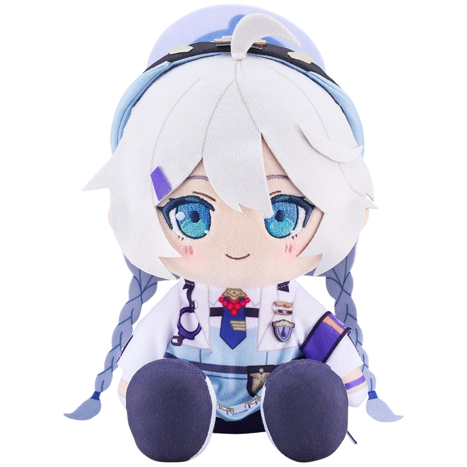 Plush toy of an anime character with white hair and blue eyes on a white background