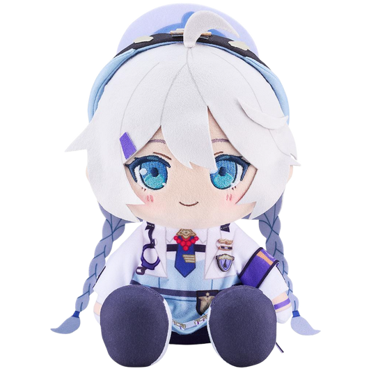 Plush toy of an anime character with white hair and blue eyes on a white background