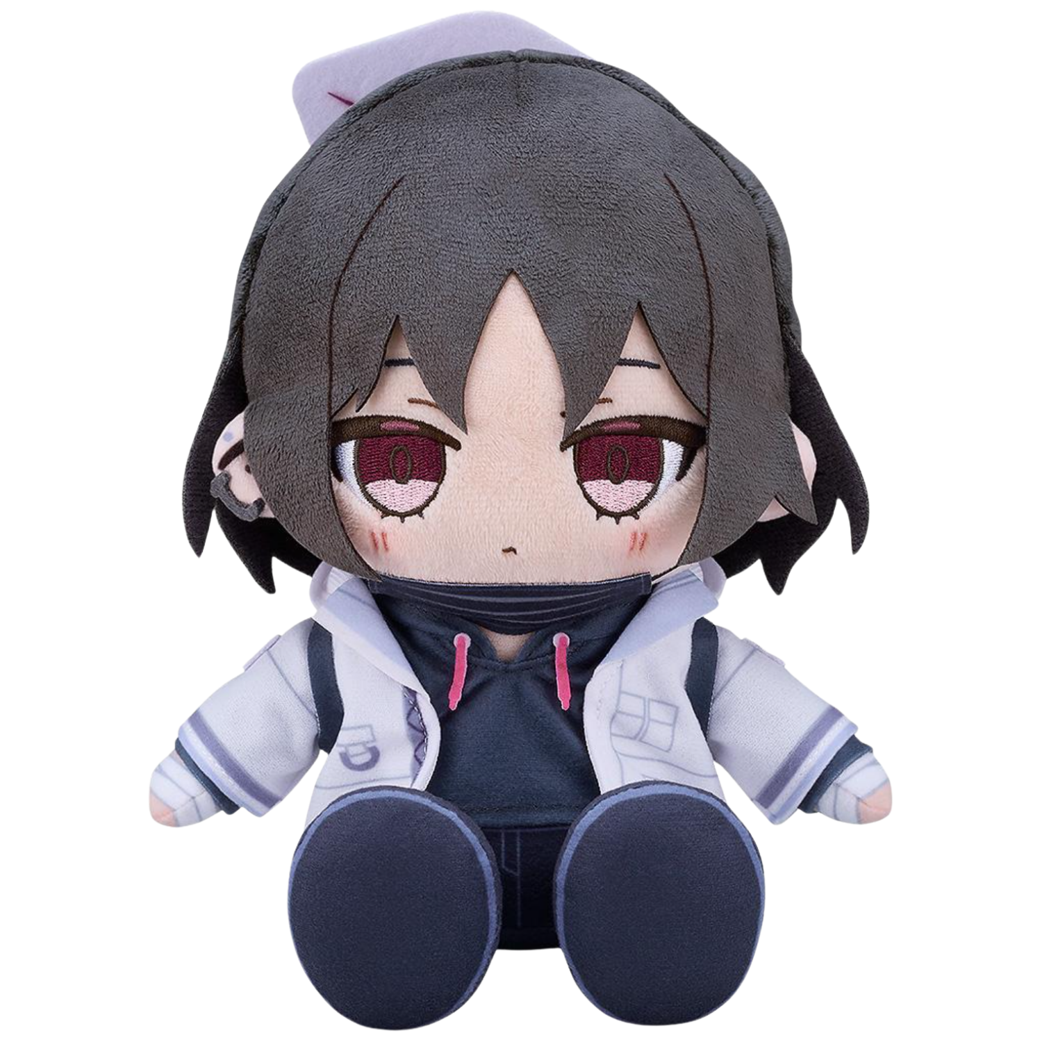 Plush toy of an anime character with dark hair and red eyes on a white background