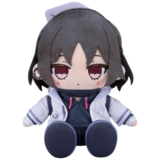 Plush toy of an anime character with dark hair and red eyes on a white background