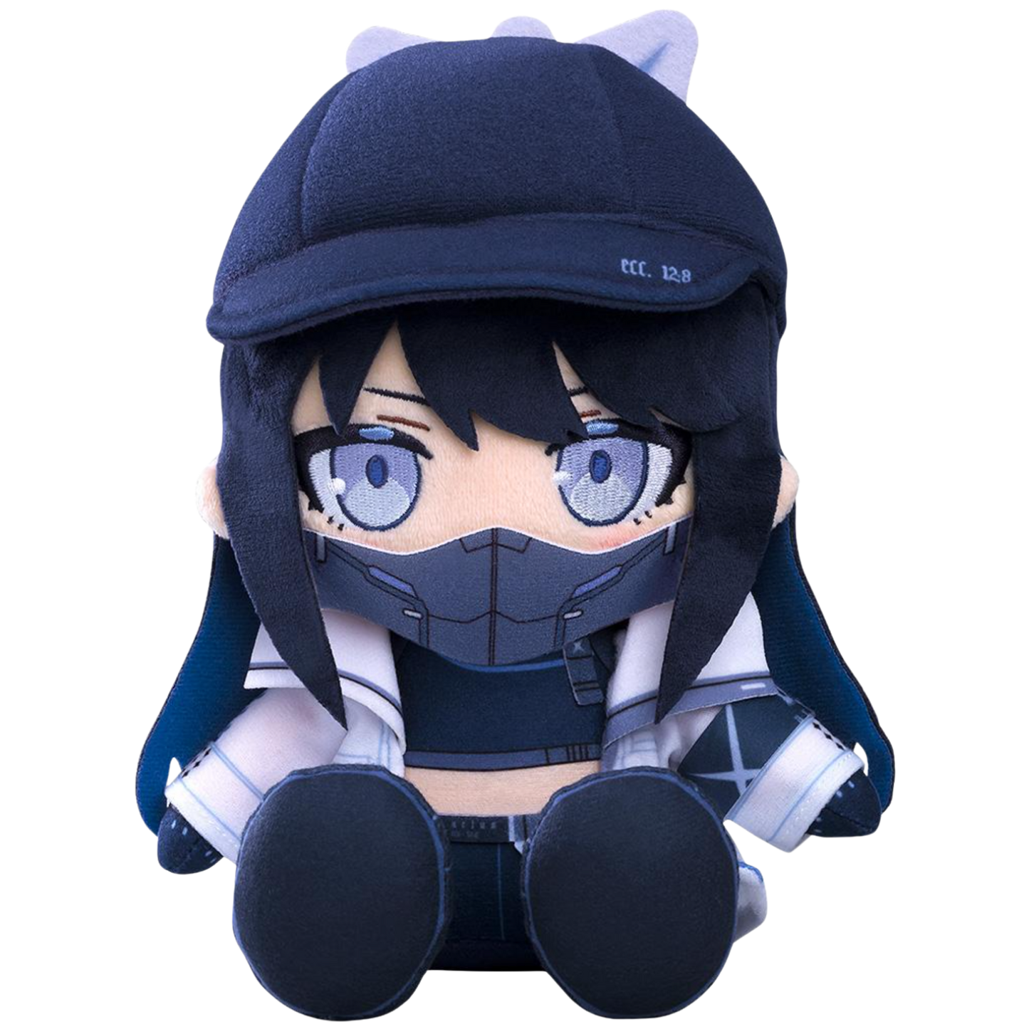 Plush toy of an anime character with a dark outfit and helmet on a white background