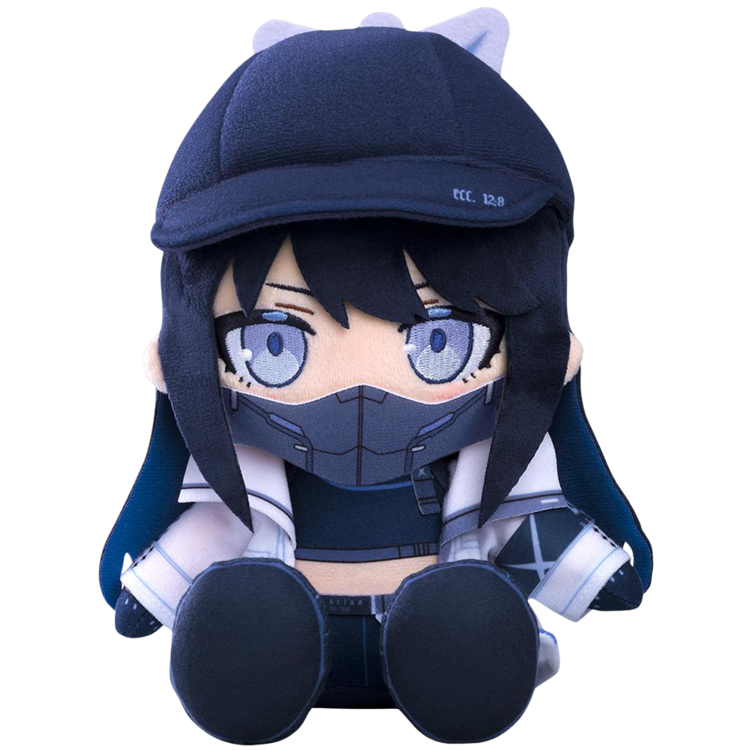 Plush toy of an anime character with a dark outfit and helmet on a white background