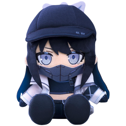 Plush toy of an anime character with a dark outfit and helmet on a white background