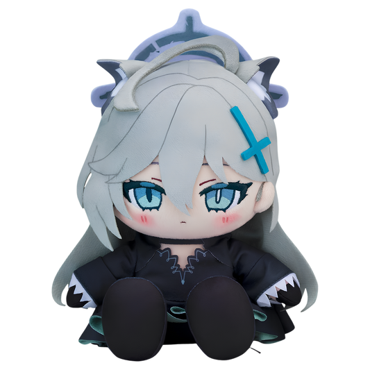 A chibi-style plush doll with silver-gray hair, blue eyes, a blue headpiece, and a black outfit with small teal accents, shown against a plain white background.