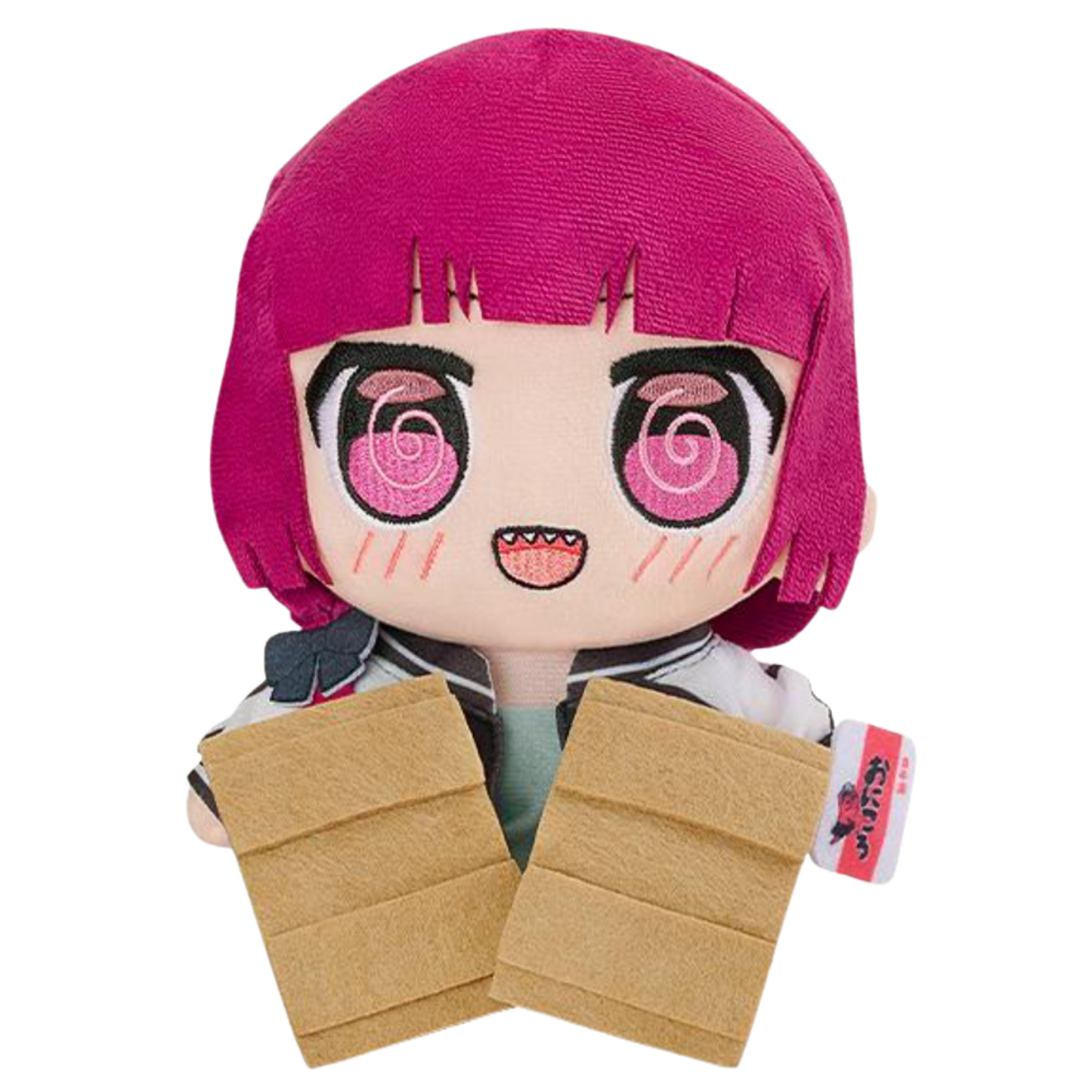 Plush toy with pink hair and large eyes holding a box on a white background