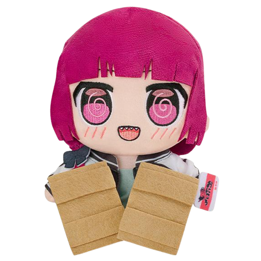 Plush toy with pink hair and large eyes holding a box on a white background