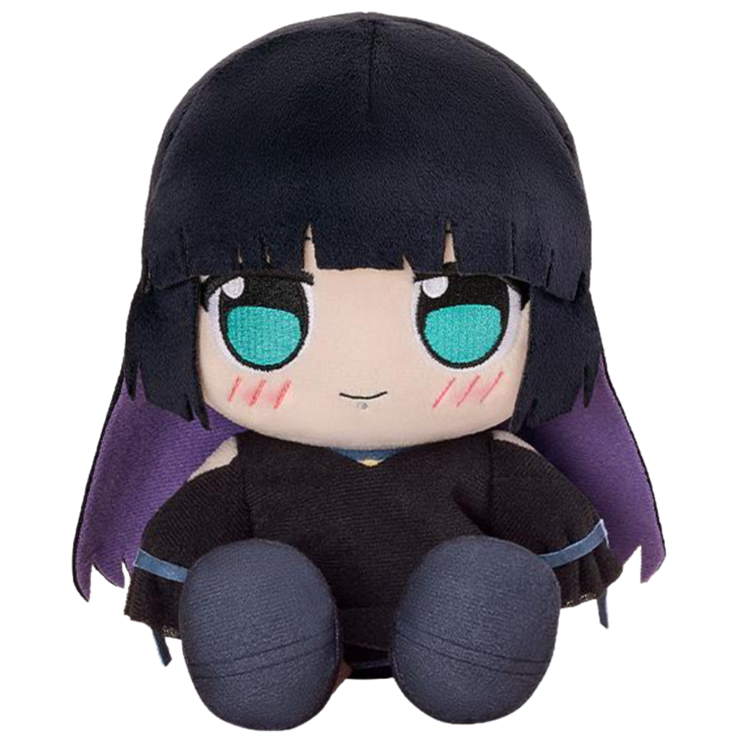 Plush toy with black hair and purple outfit on a white background