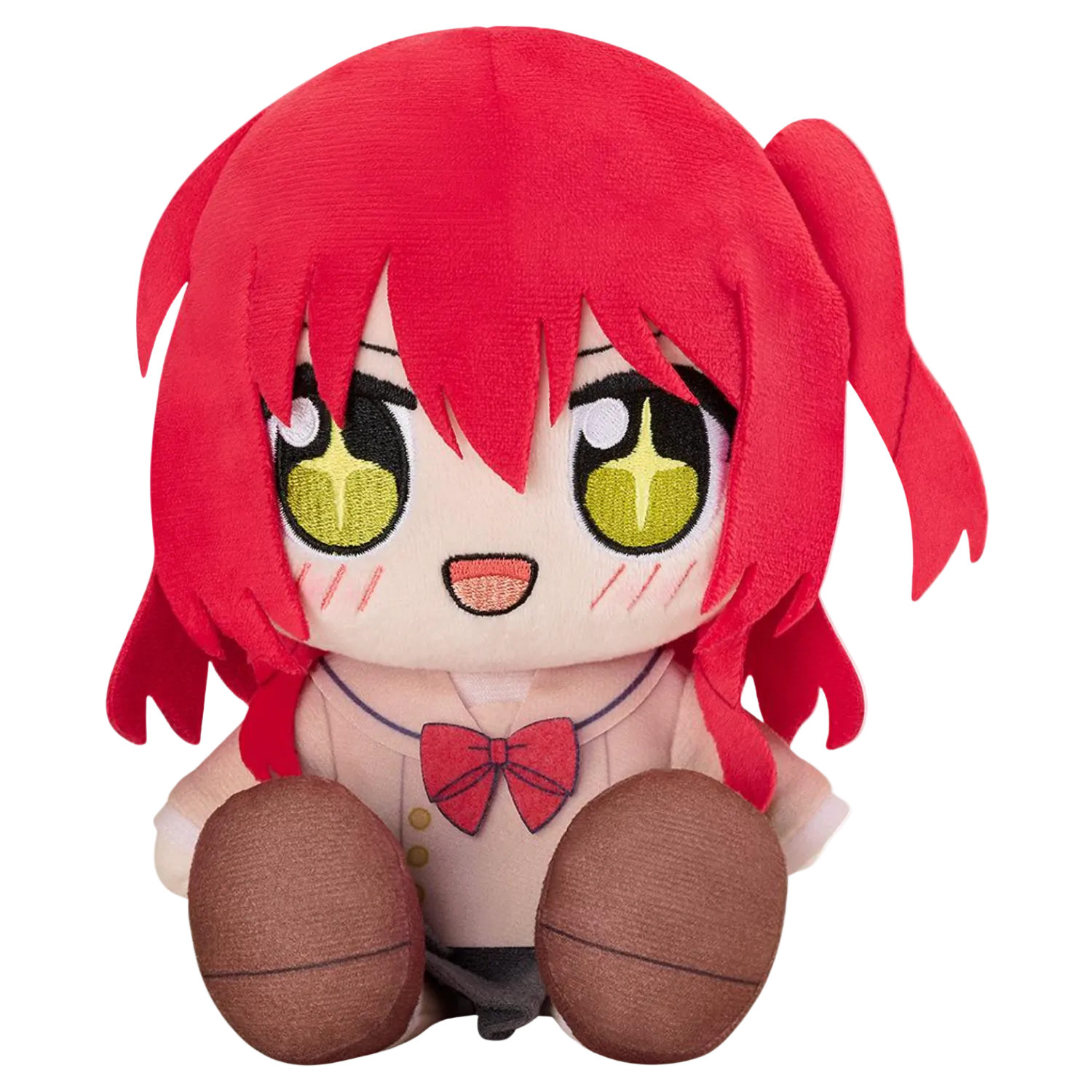 Plush toy with red hair and yellow eyes on a white background
