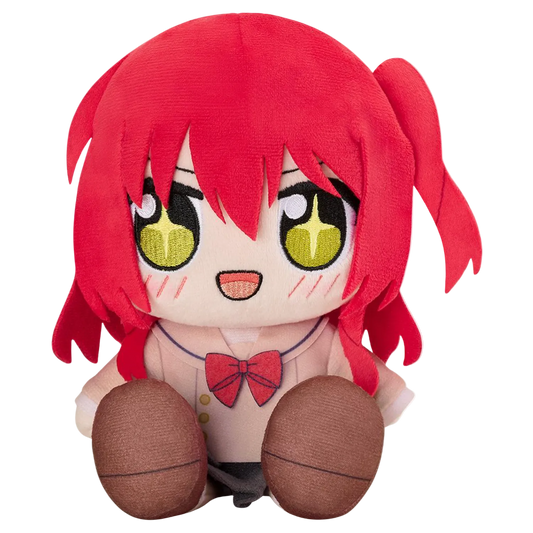 Plush toy with red hair and yellow eyes on a white background