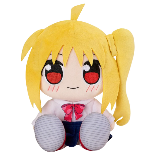 Plush toy with yellow hair and red eyes on a white background