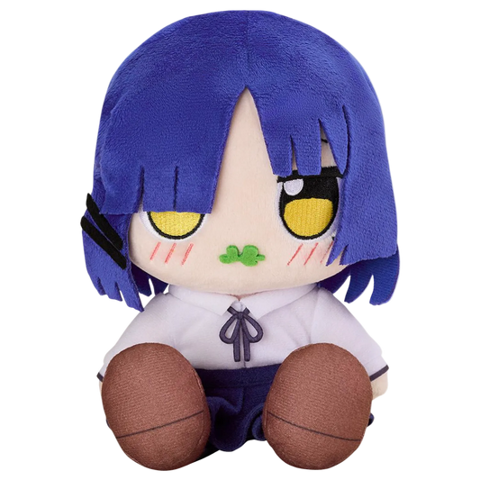 Plush toy with blue hair and yellow eyes on a white background