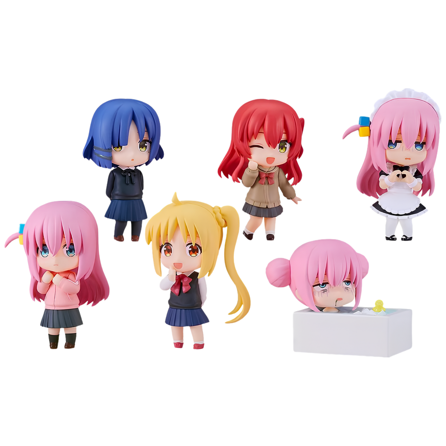 Six chibi anime figurines from Nendoroid on a plain white background, including characters with pink, blue, red, and yellow hair in various school and domestic outfits.