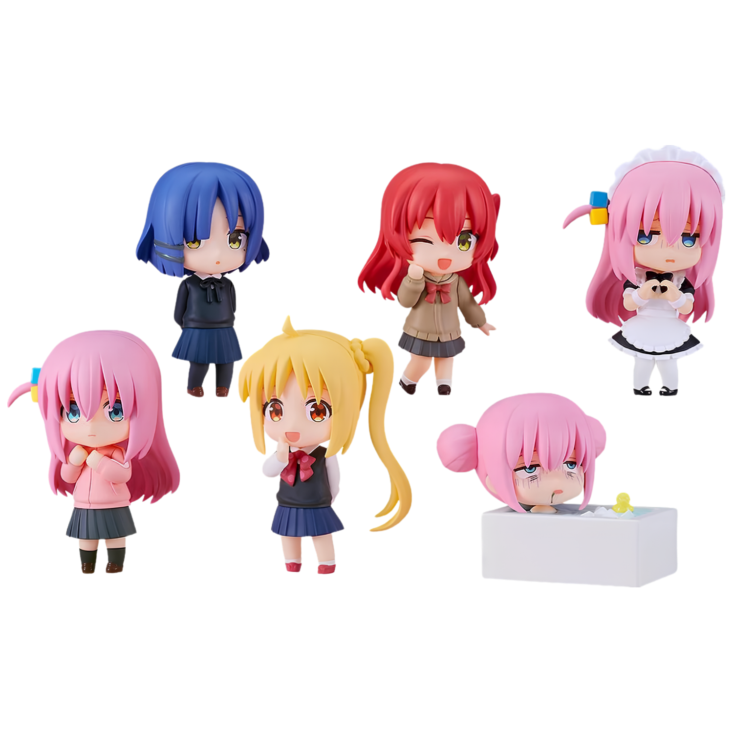 Six chibi anime figurines from Nendoroid on a plain white background, including characters with pink, blue, red, and yellow hair in various school and domestic outfits.
