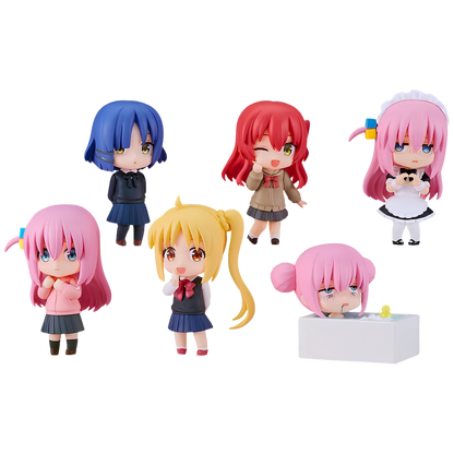 Six chibi anime figurines from Nendoroid on a plain white background, including characters with pink, blue, red, and yellow hair in various school and domestic outfits.